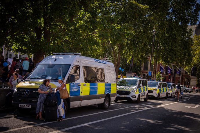 September 5, 2026, London, England, United Kingdom: Police vans seen during the Stand Up for Choice demo at Parliament Square. Abortion Rights has announced Stand Up for Choice 2026, its annual counter-protest to March for Life UK taking place at Parliame