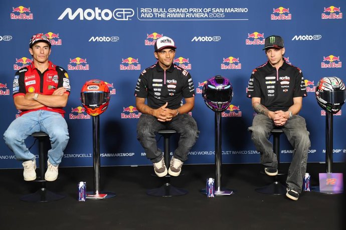 Marc Márquez, Jorge Martín y Marco Bezzecchi en la rueda de prensa del GP San Marino