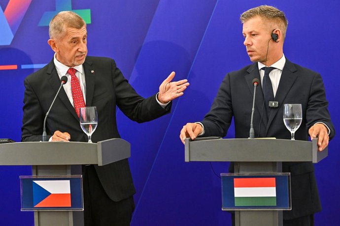September 10, 2026, Bratislava, Bratislava, Slovakia: Prime Minister of the Czech Republic ANDREJ BABIS  is complementing Hungarian PM PETER MAGYAR in Bratislava, SK during the press conference of the V4 leadership meeting with the PM of Ireland, Micheál 