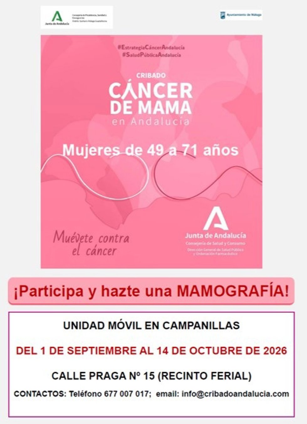 Cartel de la Unidad Móvil del Programa de Detección Precoz de Cáncer de Mama en su paso por Campanillas