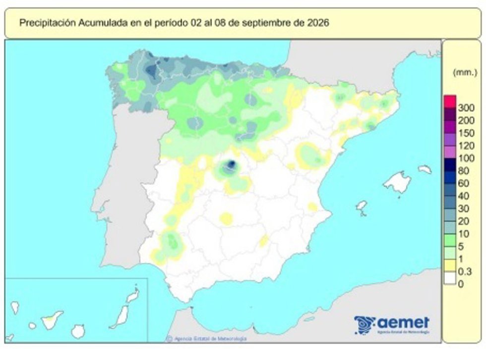 España registra 641 l/m2 de lluvia acumulada desde octubre, todavía 6% más de lo normal tras el verano más cálido.