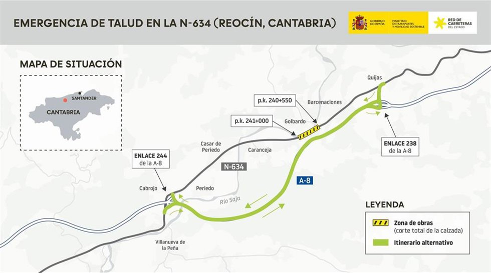 Transportes inicia las obras para sostener un talud en la N-634 en Reocín y cortará parte de la vía al tráfico