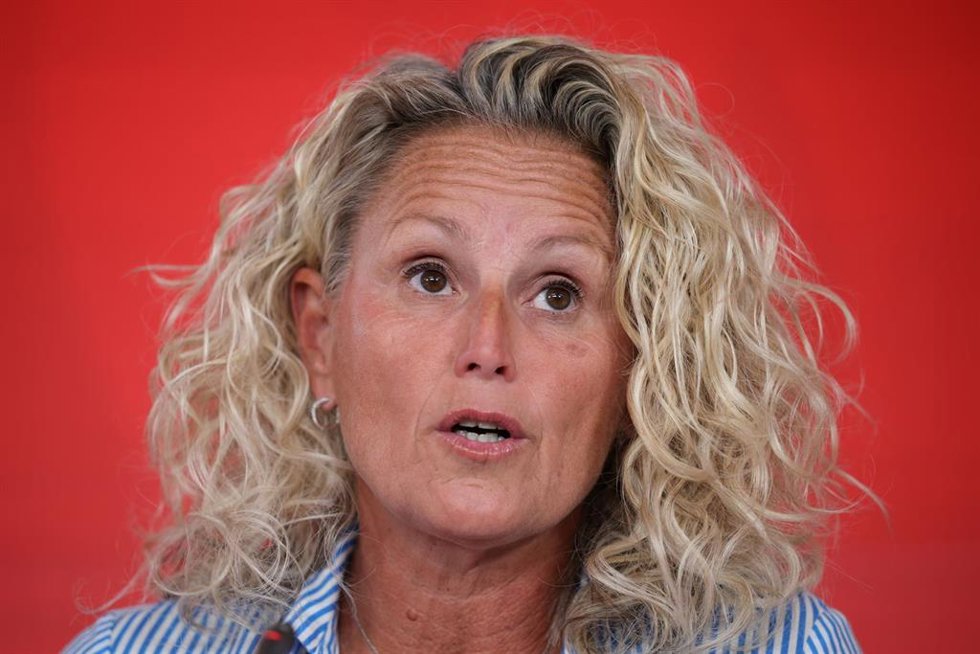 La portavoz de la Comisión Ejecutiva Federal (CEF) del PSOE, Montse Mínguez, ofrece una rueda de prensa en la sede del PSOE, a 31 de agosto de 2026, en Madrid (España).