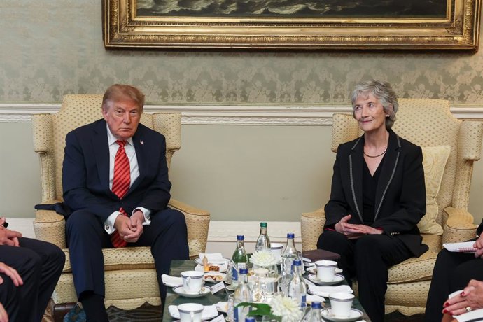 12 September 2026, Ireland, Dublin: A handout photo issued by Maxwells shows Irish President Catherine Connolly and US President Donald Trump at Aras an Uachtarain, her official residence in Phoenix Park, Dublin, during a courtesy call at the start of his