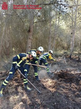 Bomberos trabajando sobre el terreno para extinguir el incendio forestal de Carcastillo.