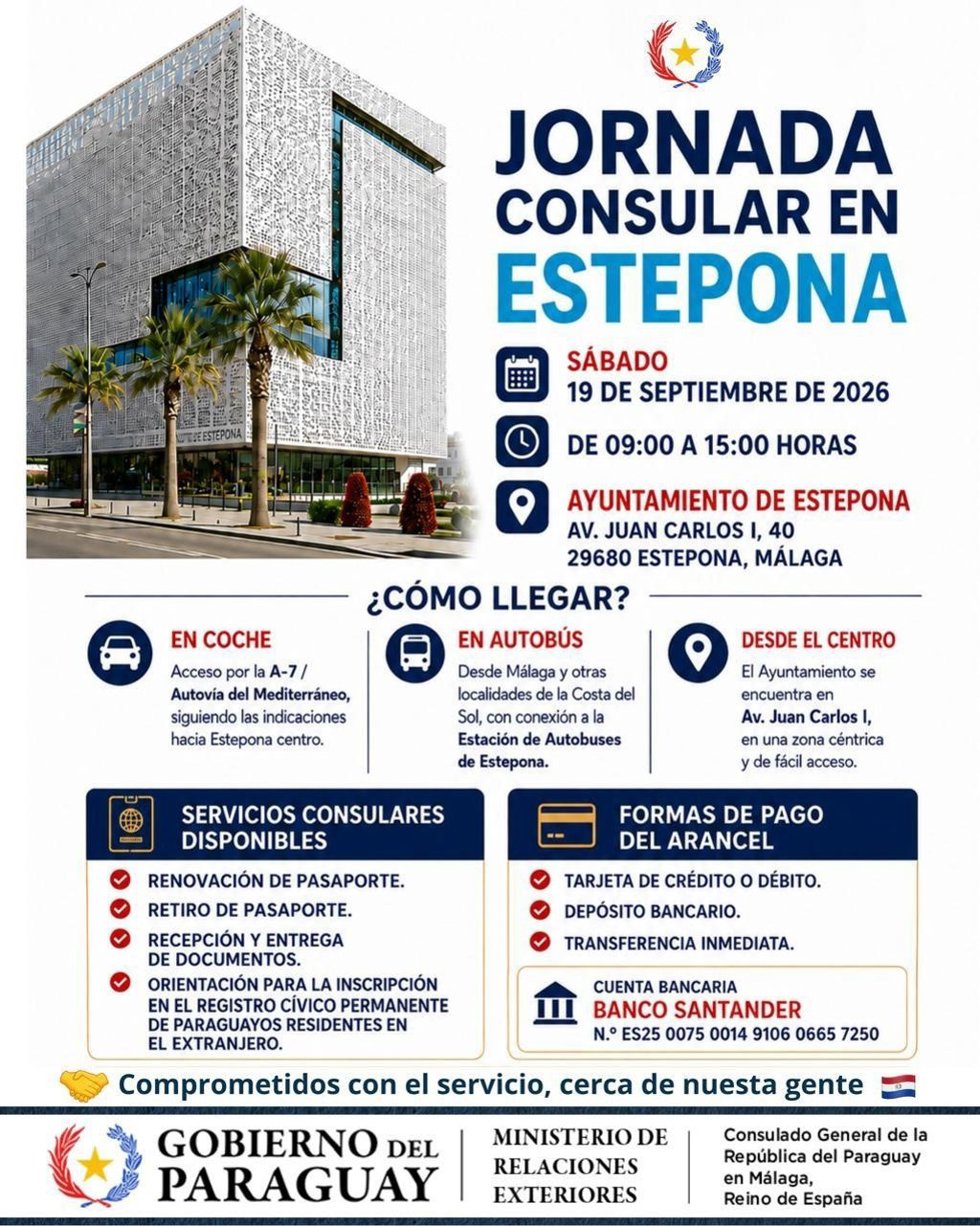 Cartel de la Jornada Consular de Paraguay en Estepona (Málaga).