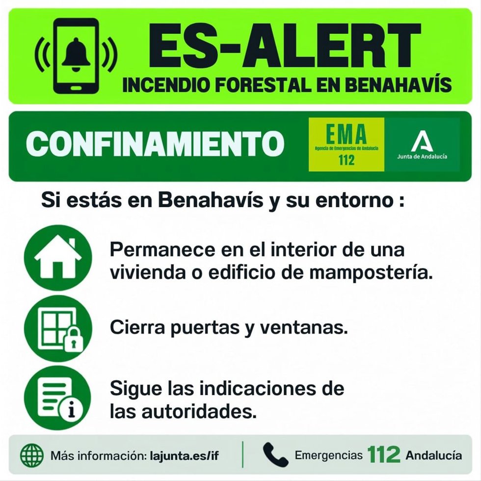 Imagen del mensaje Es-Alert de la Agencia de Emergencias 112 Andalucía.