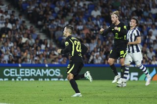 Alejandro Grimaldo of Atletico de Madrid celebrates a goal during the Spanish league, LaLiga EA Sports, football match played between Real Sociedad and Atletico de Madrid at Reale Arena stadium on September 13, 2026, in San Sebastian, Spain.