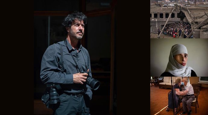 Archivo - Montaje sobre Emilio Morenatti con un retrato suyo y tres fotos de su autoría.