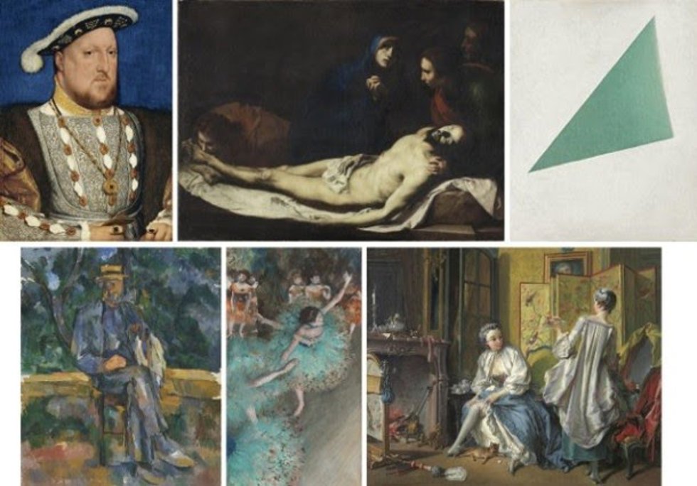 Las seis obras son Retrato de Enrique VIII de Inglaterra, de Hans Holbein el Joven; La piedad, de José de Ribera; La toilette, de François Boucher; Bailarina basculando (Bailarina verde), de Edgar Degas, 'Hombre sentado', de Paul Cézanne y 'Composición'