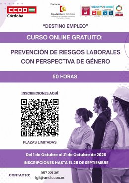 Cartel del curso online gratuito de prevención de riesgos laborales con perspectiva de género.