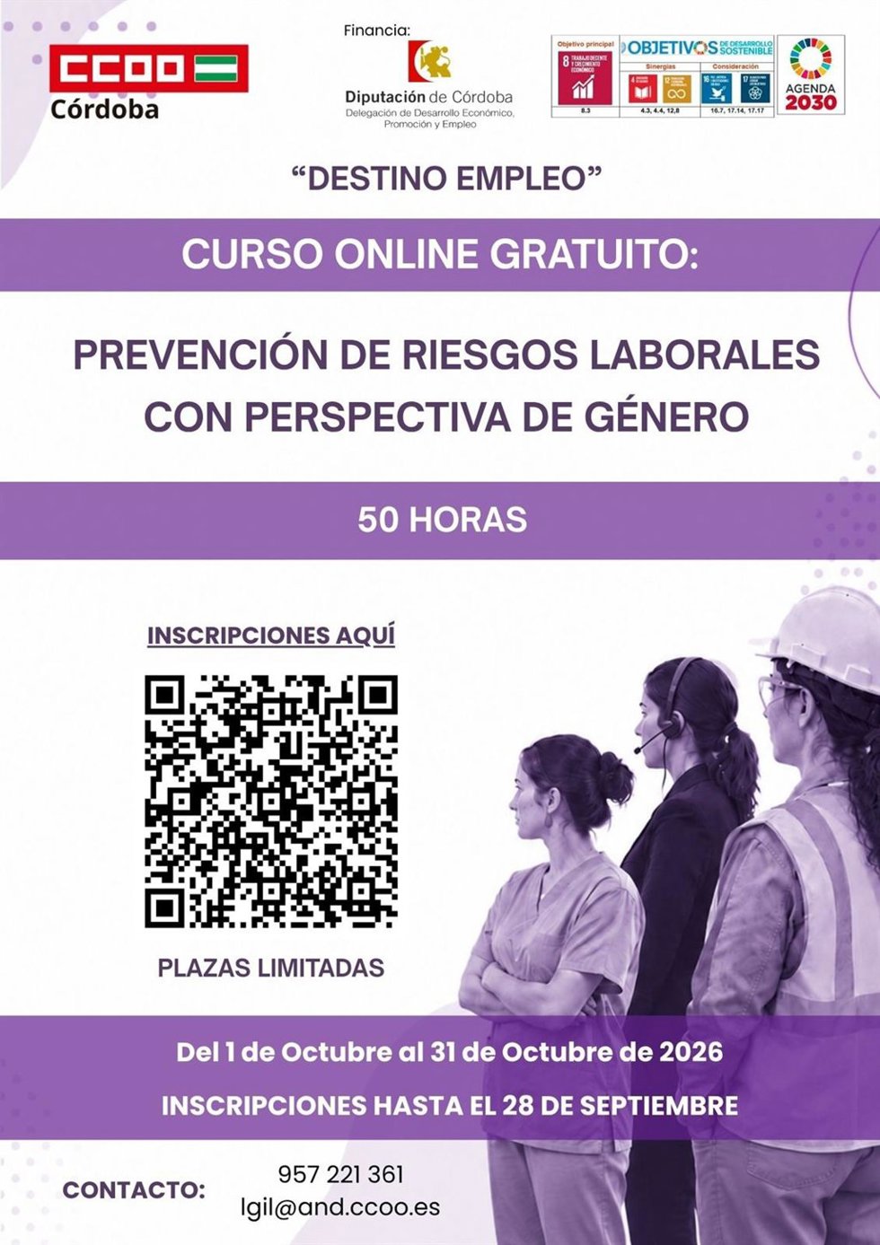 Cartel del curso online gratuito de prevención de riesgos laborales con perspectiva de género.
