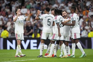 Jude Bellingham of Real Madrid CF celebrates after scoring his team's third goal during the Spanish League, LaLiga EA Sports, football match played between Real Madrid and Rayo Vallecano at Bernabeu stadium on September 12, 2026, in Madrid, Spain.