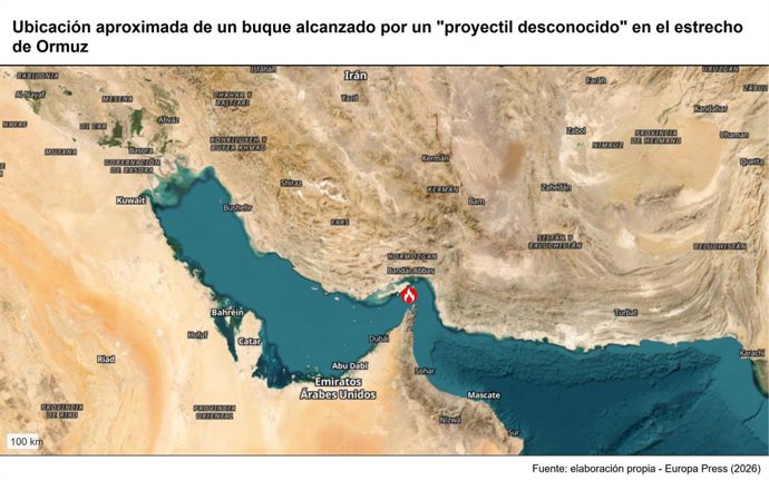Archivo - Ubicació aproximada d'un buc que ha rebut l'impacte  d'un "projectil desconegut" a l'estret d'Ormuz