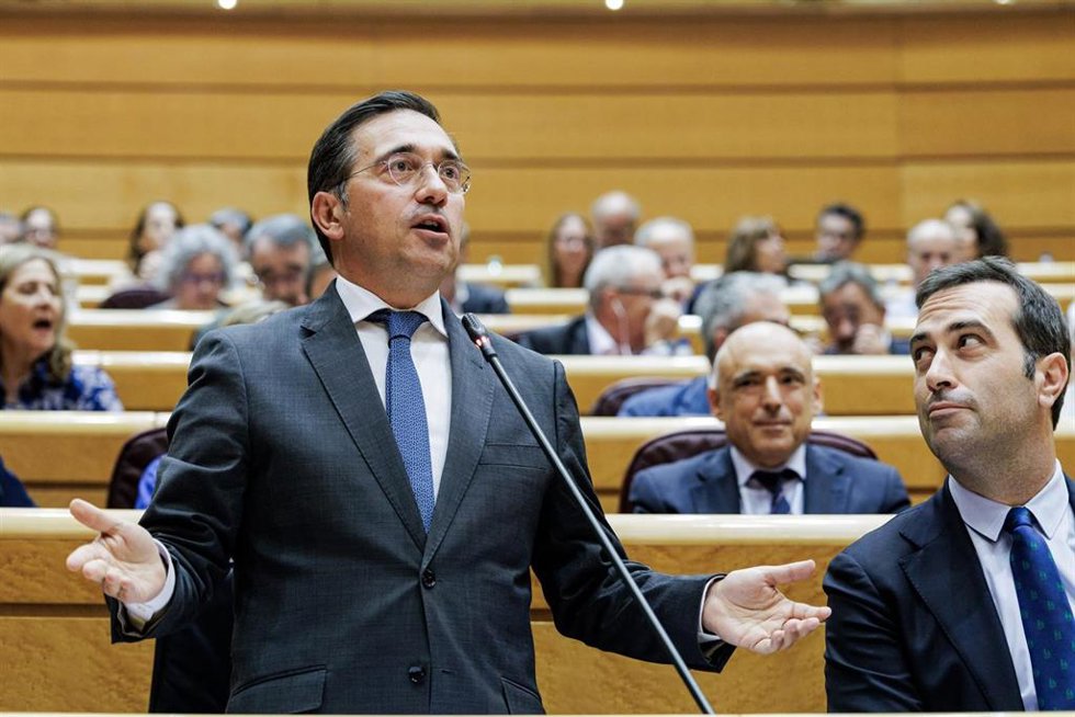 El ministro de Asuntos Exteriores, Unión Europea y Cooperación, José Manuel Albares, interviene durante una sesión de control al Gobierno, en el Senado
