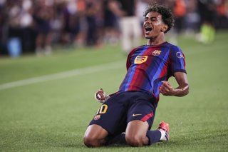 Lamine Yamal of FC Barcelona celebrates after scoring his team's second goal during the Spanish league, LaLiga EA Sports, football match played between FC Barcelona and Rayo Vallecano at Spotify Camp Nou stadium on August 31, 2026 in Barcelona, Spain.