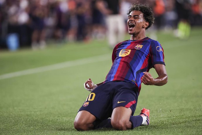Lamine Yamal of FC Barcelona celebrates after scoring his team's second goal during the Spanish league, LaLiga EA Sports, football match played between FC Barcelona and Rayo Vallecano at Spotify Camp Nou stadium on August 31, 2026 in Barcelona, Spain.