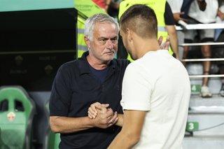 Jose Mourinho, head coach of Real Madrid, and of Elche CF, greet each other during the Spanish League, LaLiga EA Sports, football match played between Elche CF and Real Madrid CF at Estadio Manuel Martinez Valero on September 15, 2026, in Elche, Spain.