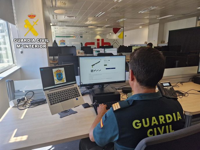 Un agente de la Guardia Civil investigando la página web que comercializaba armas prohibidas.