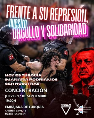 Plataforma Trans y COGAM convocan una concentración este jueves en Madrid contra la persecución LGTBIQA+ en Turquía