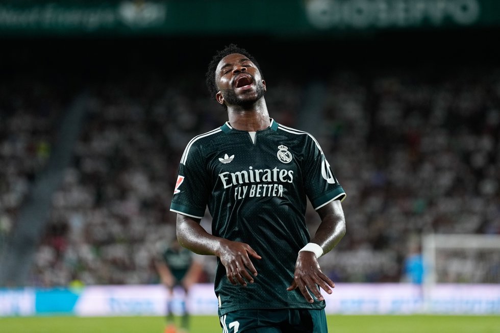 Vinicius Junior of Real Madrid CF reacts during the Spanish League, LaLiga EA Sports, football match played between Elche CF and Real Madrid CF at Estadio Manuel Martinez Valero on September 15, 2026, in Elche, Spain.