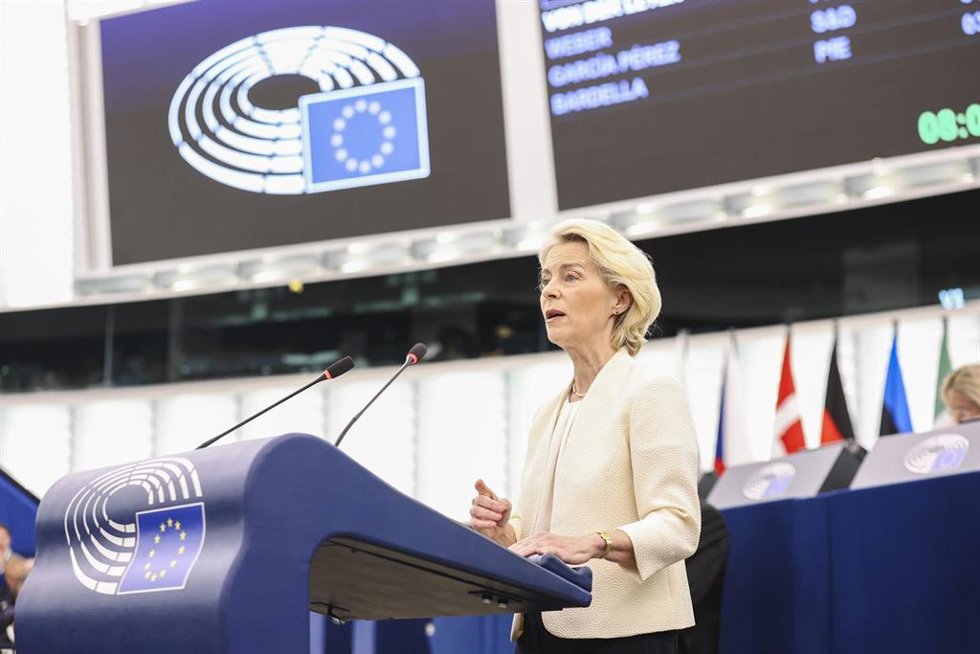 La presidenta de la Comisión Europea, Ursula von der Leyen, durante el discurso de la Unión.