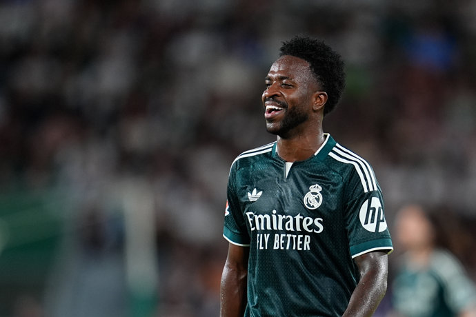 Vinicius Junior of Real Madrid CF reacts during the Spanish League, LaLiga EA Sports, football match played between Elche CF and Real Madrid CF at Estadio Manuel Martinez Valero on September 15, 2026, in Elche, Spain.
