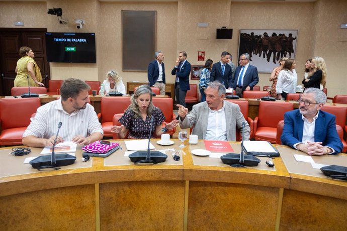 (da esquerda para a direita) O porta-voz adjunto do Sumar no Congresso, Alberto Ibáñez, a porta-voz do Sumar no Congresso, Verónica Barbero, e o porta-voz da Izquierda Unida no Congresso, Enrique Santiago, no início da reunião da Comissão Permanente do Co