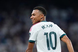 Kylian Mbappe of Real Madrid CF celebrates after scoring his team's fourth goal during the Spanish League, LaLiga EA Sports, football match played between Real Madrid and Rayo Vallecano at Bernabeu stadium on September 12, 2026, in Madrid, Spain.