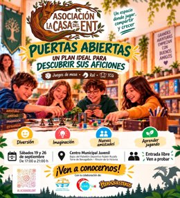 Cartel de las Jornadas de Puertas Abiertas para dar a conocer entre jóvenes y familias de Rincón de la Victoria las distintas propuestas de ocio lúdico que desarrolla esta entidad