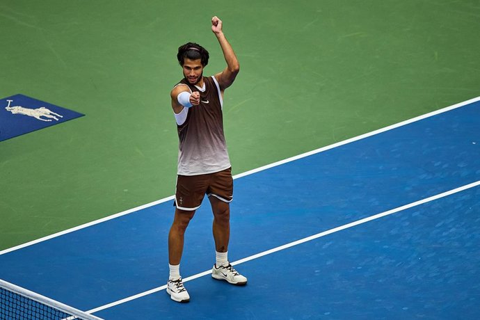 September 4, 2026, New York, New York, United States of America: Carlos Alcaraz of Spain celebrates the win of the match during the 2026 US Open - Tennis Championships,Image: 1130924107, License: Rights-managed, Restrictions: , Model Release: no  , Credit