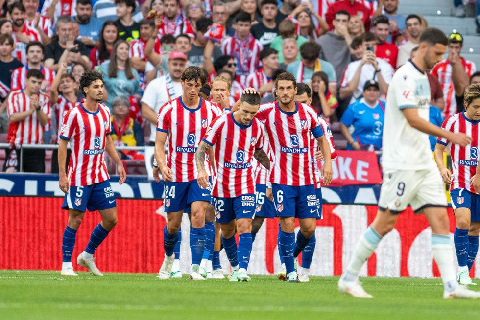 September 16, 2026, Madrid, England, Spain: 16th September 2026; Riyadh Air Metropolitano, Madrid, Spain; Spanish La Liga Football, Atletico Madrid versus Osasuna; Koke (6) of Atletico de Madrid celebrates with Jonathan David (15) his goal Mins 25 1-0 for