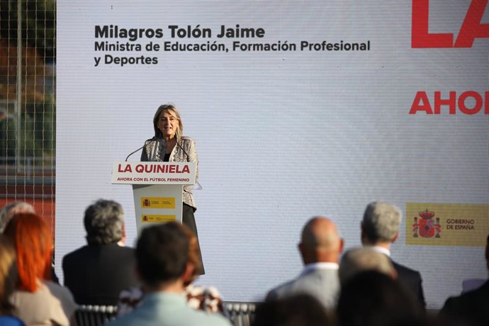 Milagros Tolón durante a apresentação da inclusão de quatro jogos da Liga F Moeve na La Quiniela