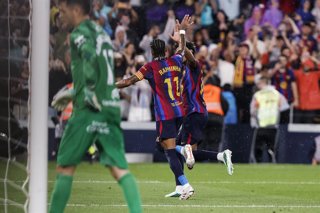 Raphinha of FC Barcelona celebrates a goal during the Spanish league, LaLiga EA Sports, football match played between FC Barcelona and Real Racing Club at Spotify Camp Nou stadium on September 16, 2026 in Barcelona, Spain.