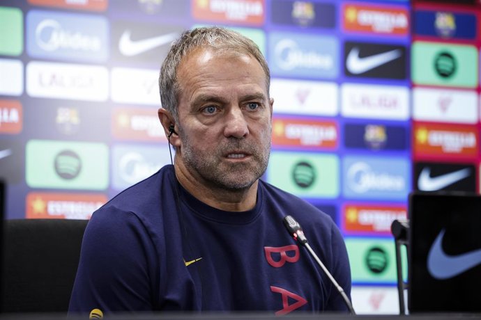 Hansi Flick, head coach of FC Barcelona, attends his press conference during the training day of FC Barcelona ahead the Spanish League, LaLiga EA Sports, football match against Real Racing Club at Ciudad Esportiva Joan Gamper on September 15, 2026 in Sant
