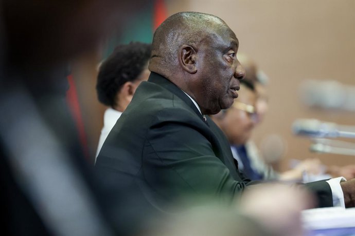 INDIA, NEW DELHI - SEPTEMBER 11, 2026: South Africa's President Cyril Ramaphosa is pictured during a meeting with Russia's President Vladimir Putin on the sidelines of the 18th BRICS Summit at ITC Maurya Hotel