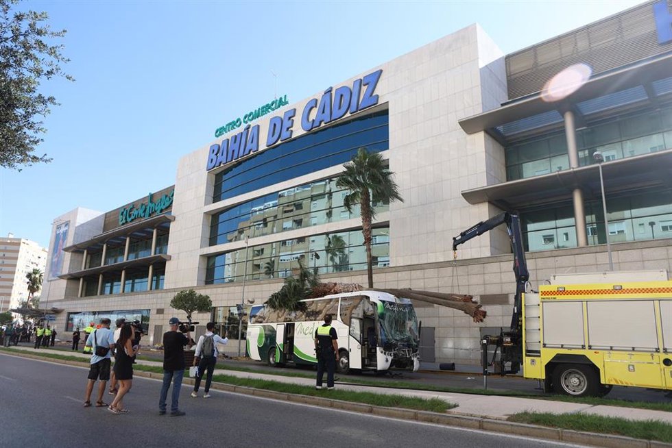 Archivo - Los bomberos tratan de quitar un árbol caído sobre el autobús que perdió el control a la entrada de Cádiz causando cuatro fallecidos el 9 de octubre del 2023. 
