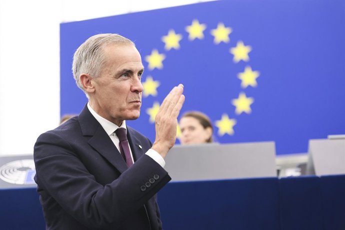 HANDOUT - 16 September 2026, France, Strasbourg: Canadian Prime Minister Mark Carney attends a plenary session at the European Parliament. European Parliament President Roberta Metsola invited Carney to address the European Parliament, making him the firs