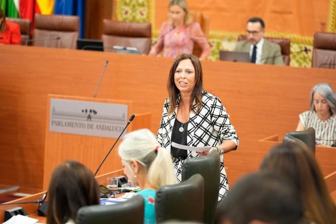La consejera de Vivienda, Juventud y Ordenación del Territorio de la Junta de Andalucía, Rocío Díaz, durante su intervención en la sesión de control del Parlamento de Andalucía.