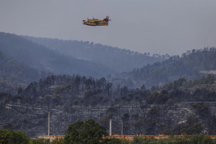 Un avió treballa en les labors d'extinció de l'incendi forestal, a 16 de setembre del 2026, a Toixa, València, Comunitat Valenciana (Espanya)