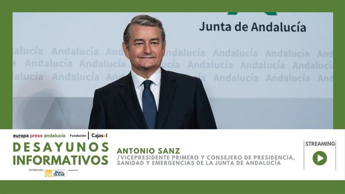 Cartel anunciador del desayuno informativo de Europa Press Andalucía con el vicepresidente primero de la Junta y consejero de Presidencia, Sanidad y Emergencias, Antonio Sanz, en Sevilla el viernes 18 de septiembre de 2026