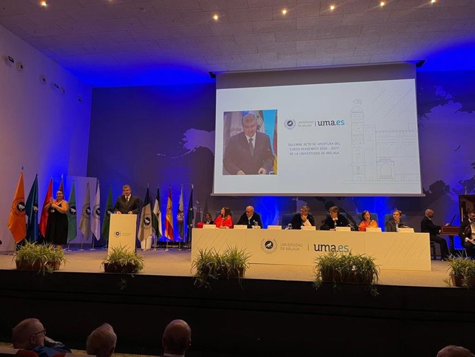 El secretario general de Universidades y de Industria de la Ciencia, Antonio Posadas, en la apertura del curso académico 2026/2027 de la Universidad de Málaga (UMA).