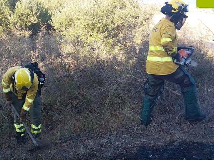 Bomberos forestales del Plan Infoca trabajando en el incendio de Algeciras.