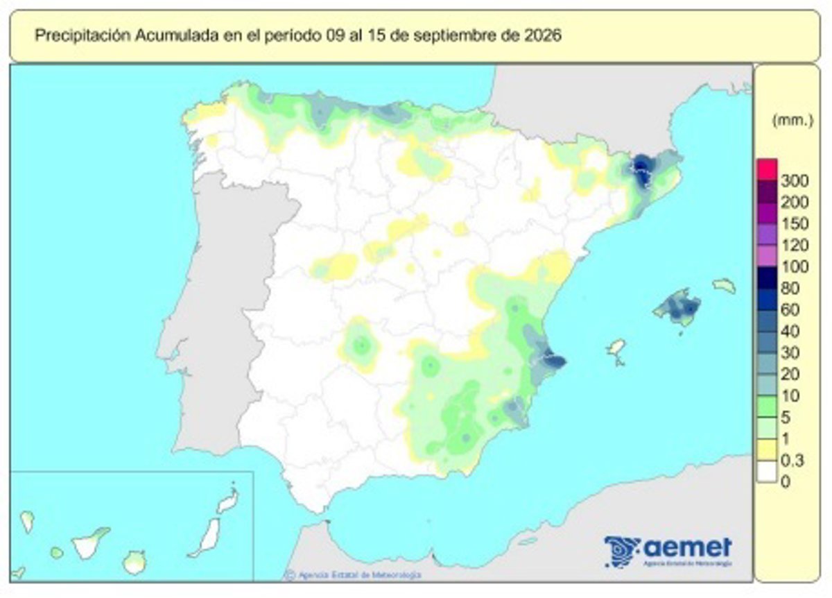 España registra 643 l/m2 de lluvias acumuladas desde el 1 de octubre, un 6% más de lo habitual