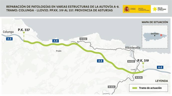 Transportes licita por 1,05 millones la reparación de varios viaductos y túneles de la A-8 entre Colunga y Llovio