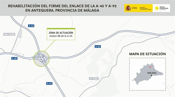 Proyecto para la rehabilitación del firme del enlace de la A-45 y A-92 en Antequera, Málaga.