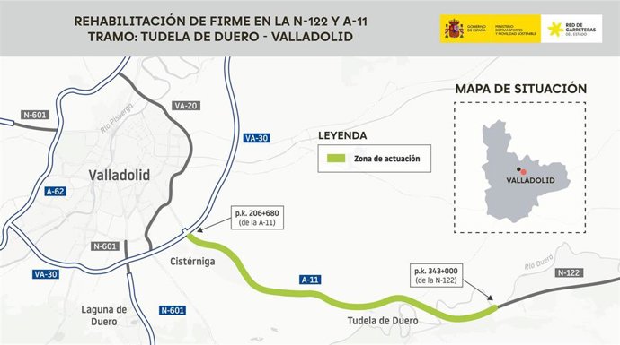 Transportes inicia el lunes la mejora del firme en 15 kilómetros de la N-122 y A-11 entre Tudela de Duero y Valladolid.