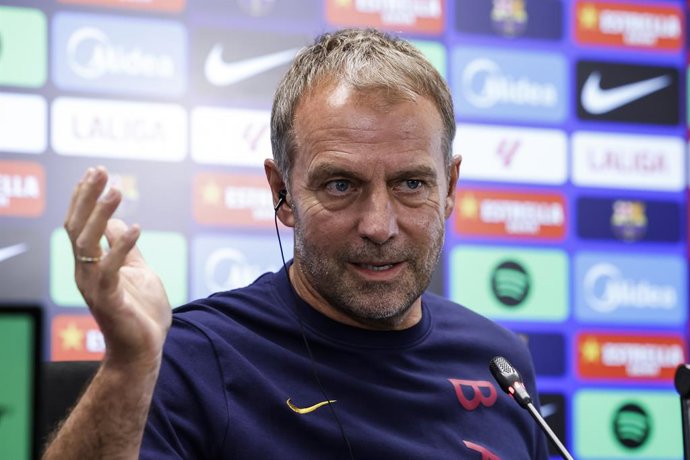 Hansi Flick, head coach of FC Barcelona, attends his press conference during the training day of FC Barcelona ahead the Spanish League, LaLiga EA Sports, football match against Real Racing Club at Ciudad Esportiva Joan Gamper on September 15, 2026 in Sant