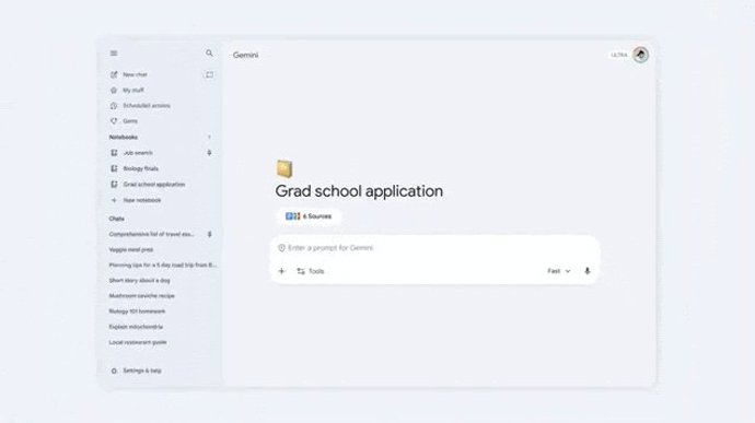 Funcionalidade dos Cadernos no Google Gemini para alunos.