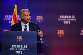 El presidente del FC Barcelona, Joan Laporta, en su discurso en la Asamblea General Ordinaria 2026